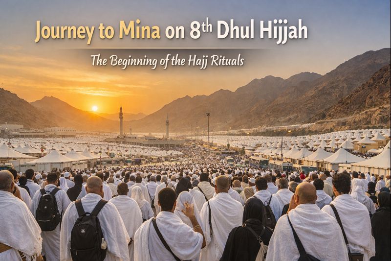 Journey to Mina on 8th Dhul Hijjah as millions of Hajj pilgrims travel in Ihram to Mina chanting Talbiyah